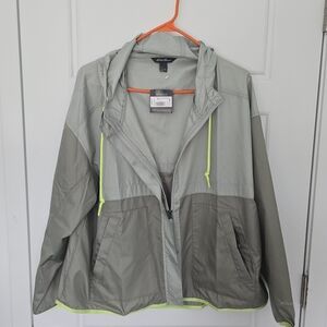 Eddie Bauer Two-Tone Hooded Windbreaker Jacket - Sage & Olive with Neon Accents